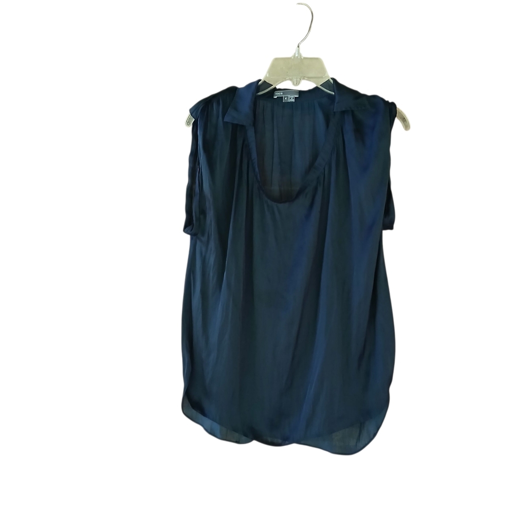 Vince Deep Navy Satin Scoop Neck Cap Sleeved Oversized Blouse Size 4